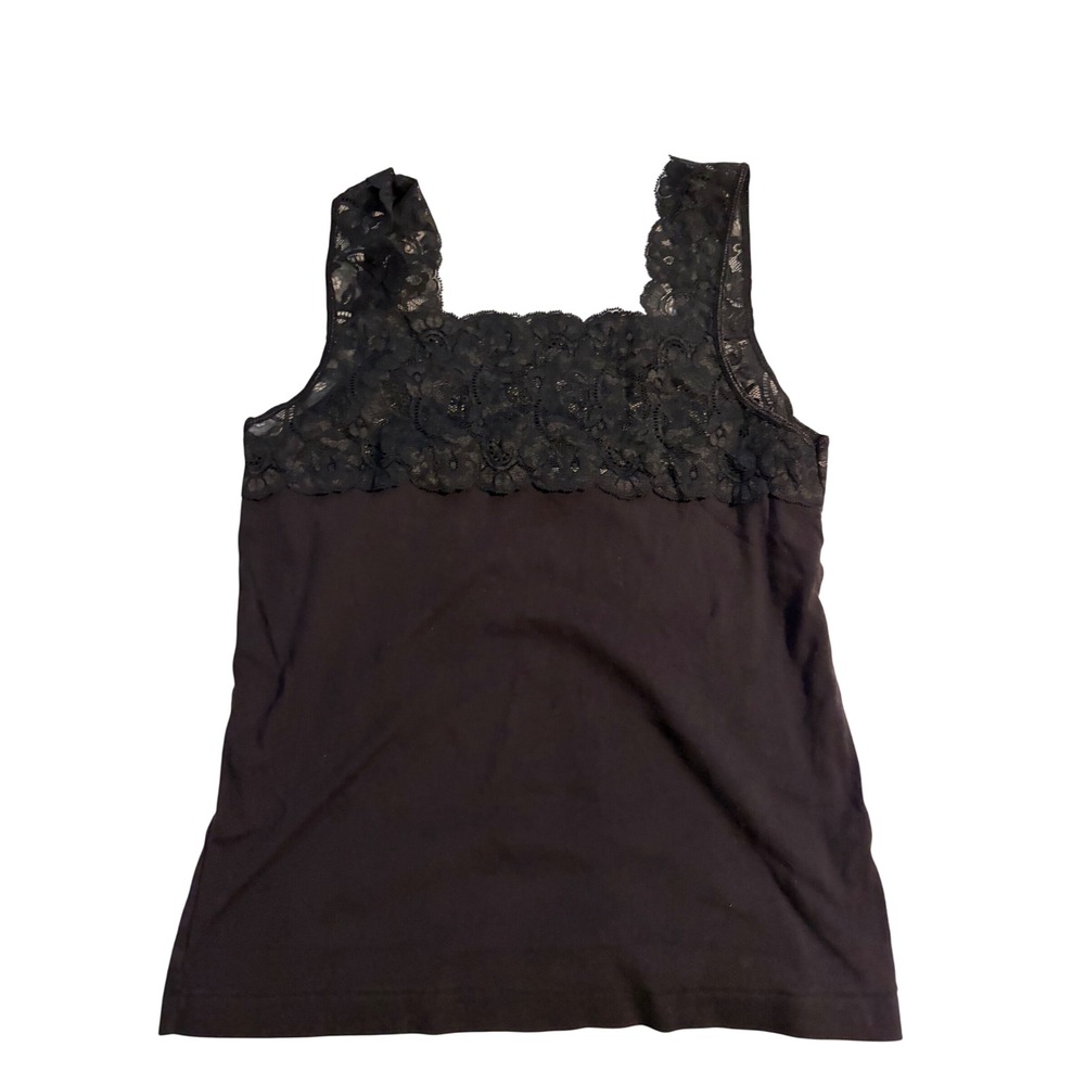 Nordstrom Intimates Tank Top Floral Lace Trim Black Cotton Cami Large
